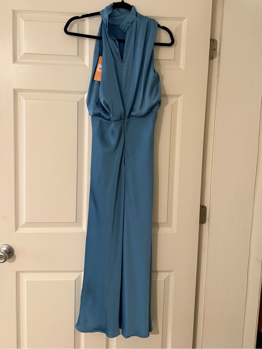 Satin Drape-Back Evening Dress in Sky Blue - Picture 2 of 2
